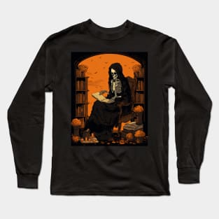 Halloween Reader Librarian Skeleton Reader Bookish Long Sleeve T-Shirt